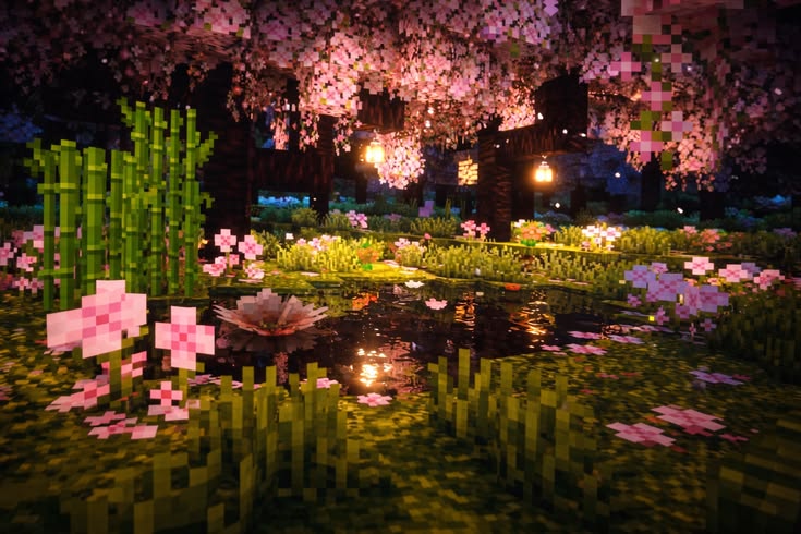 A tranquil sakura pond with lily pads, lanterns and falling petals