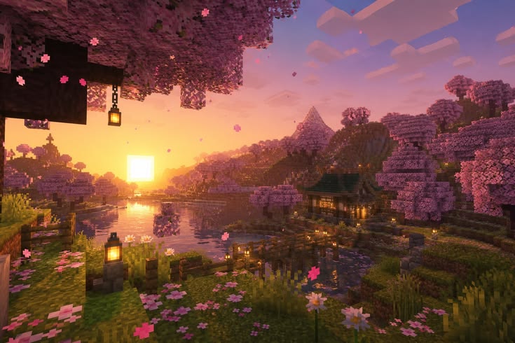 A cherry-blossom village by a lake at sunset with a pagoda